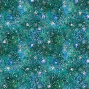 May include: A teal and blue floral pattern with white outlines. The design features various flower shapes and sizes, creating a textured, watercolour-like effect. The background has a mottled appearance, enhancing the overall artistic aesthetic.