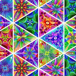 May include: A colorful abstract pattern with a repeating geometric design of triangles. The pattern features a variety of colors, including red, orange, yellow, green, blue, purple, and pink. The triangles are arranged in a symmetrical pattern, creating a sense of movement and energy.