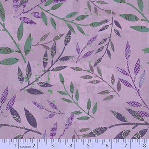 May include: A lavender fabric featuring a repeating pattern of leafy branches in shades of dark purple and muted teal. The leaves display intricate geometric and paisley-like textures. A ruler at the bottom shows a scale of 8 inches.