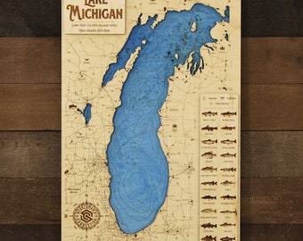 Lake Michigan (Great Lakes) - Wooden Engraved Map, Wall Art, Home Décor, Lake Home, Nautical, Topography, Memorabilia