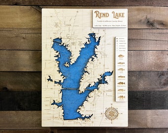 Rend Lake (Franklin & Jefferson Co, IL) - Wooden Engraved Map, Wall Art, Home Décor, Lake Home, Nautical