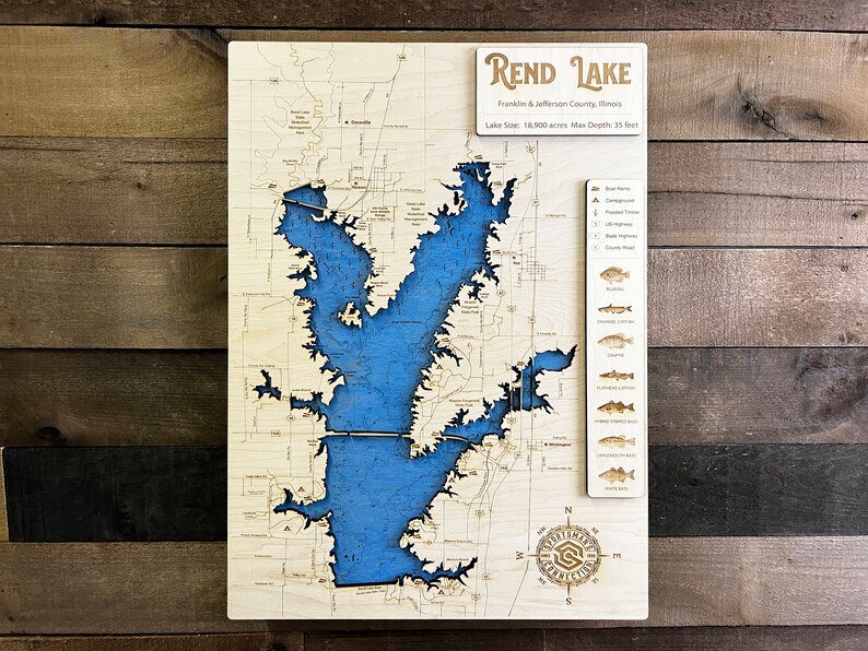 Rend Lake Franklin & Jefferson Co, IL Wooden Engraved Map, Wall Art, Home Décor, Lake Home, Nautical image 1