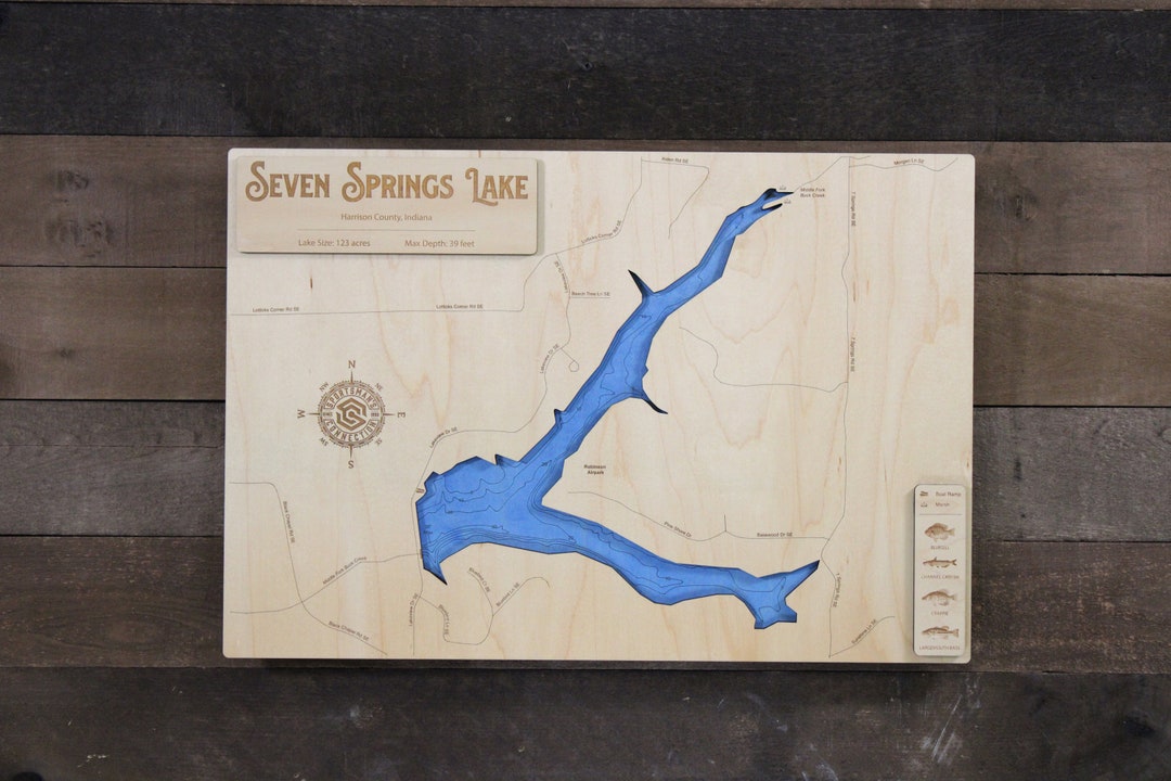 Seven Springs Lake harrison Co, IN Wooden Engraved Map, Wall Art, Home
