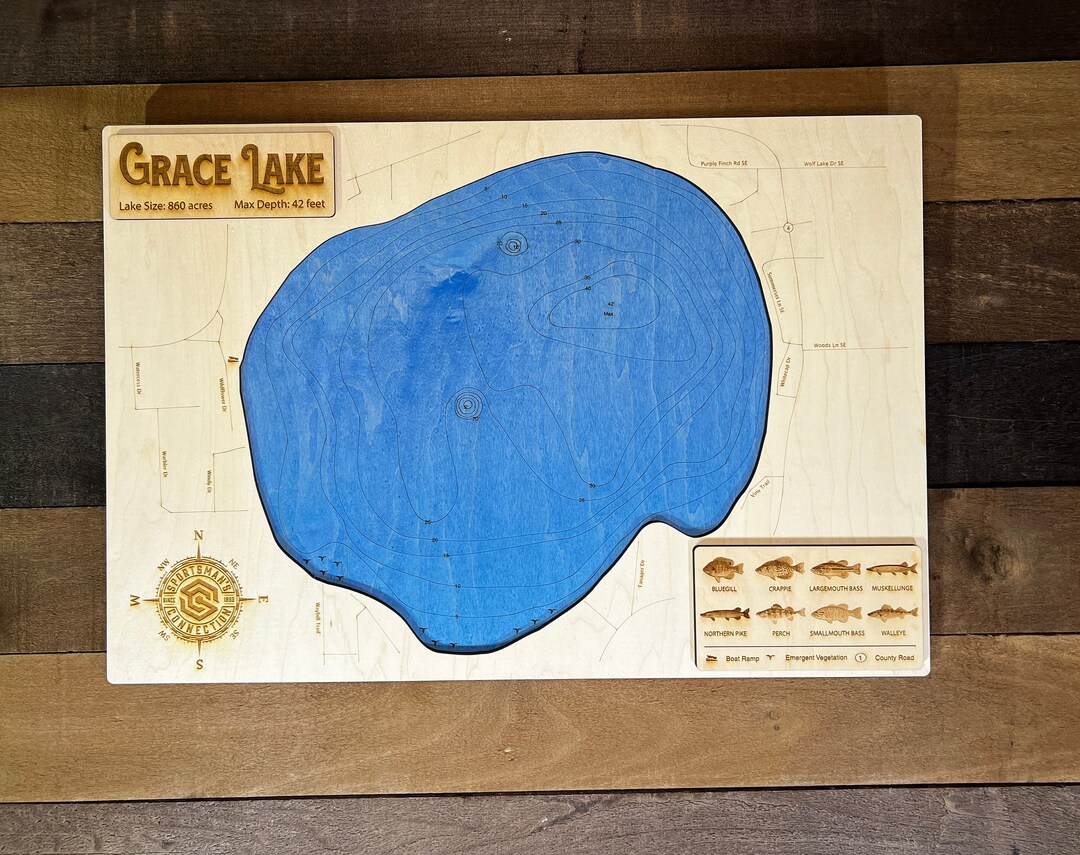 Grace Lake hubbard Co, MN Wooden Engraved Map, Wall Art, Home Décor