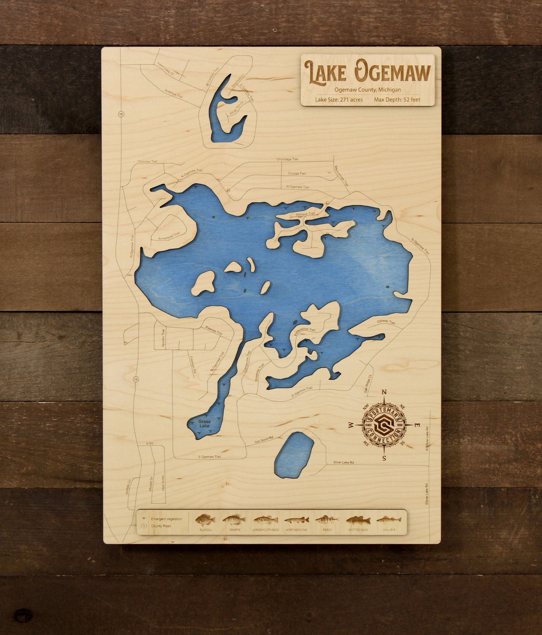 Lake Ogemaw ogemaw Co MI Wooden Engraved Map Wall Art Etsy