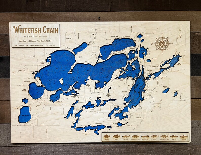 Whitefish Chain crow Wing Co, MN Wooden Engraved Map, Wall Art, Home