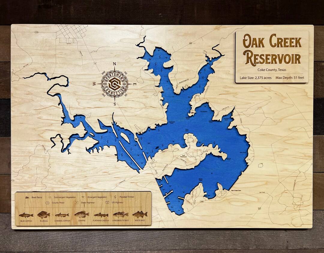 Oak Creek Reservoir, No Contours coke Co, TX Wooden Engraved Map, Wall