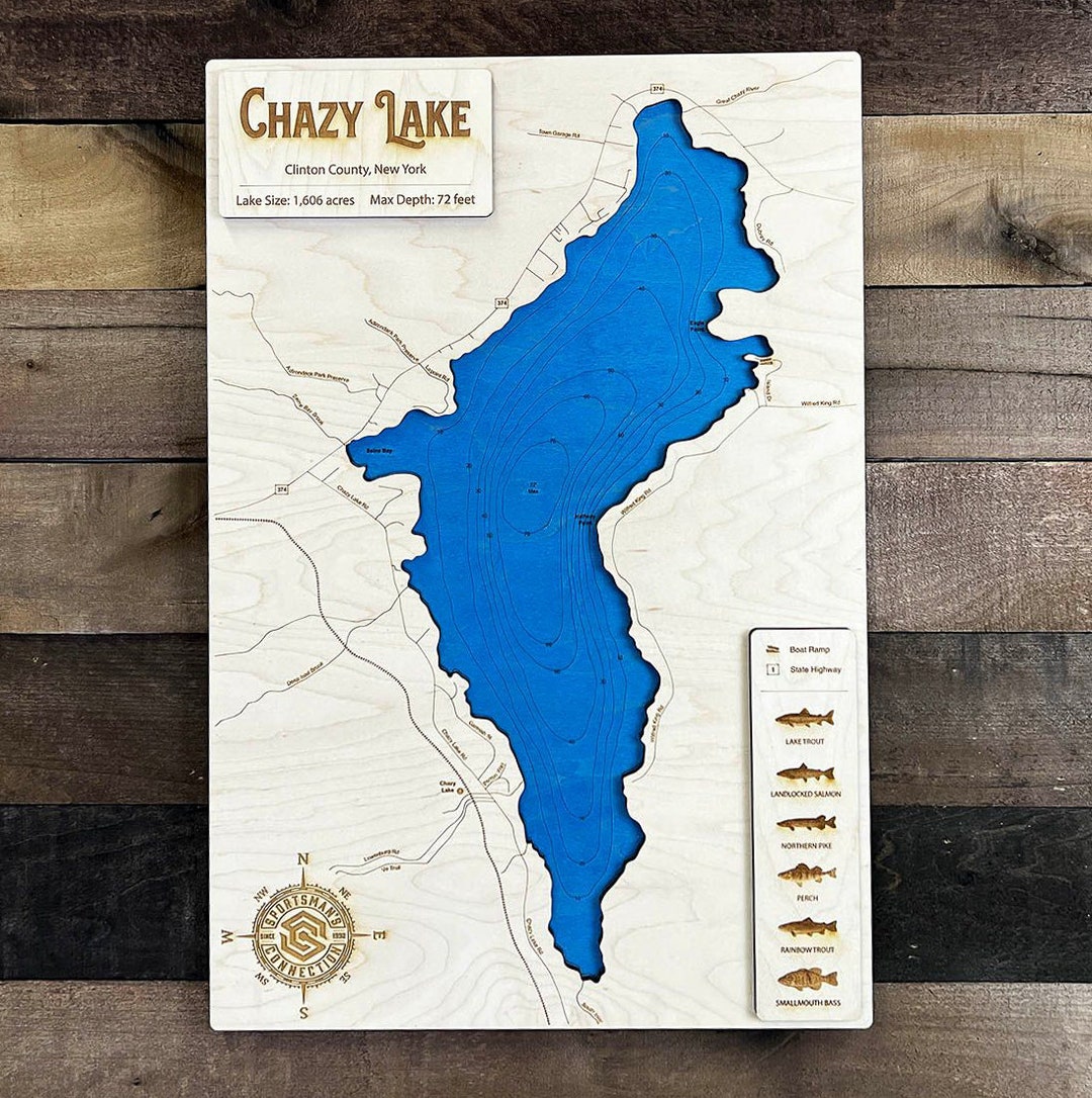 Chazy Lake clinton Co, NY Wooden Engraved Map, Wall Art, Home Décor