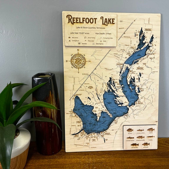 Reelfoot Lake obion Co, TN Wooden Engraved Map, Wall Art, Home