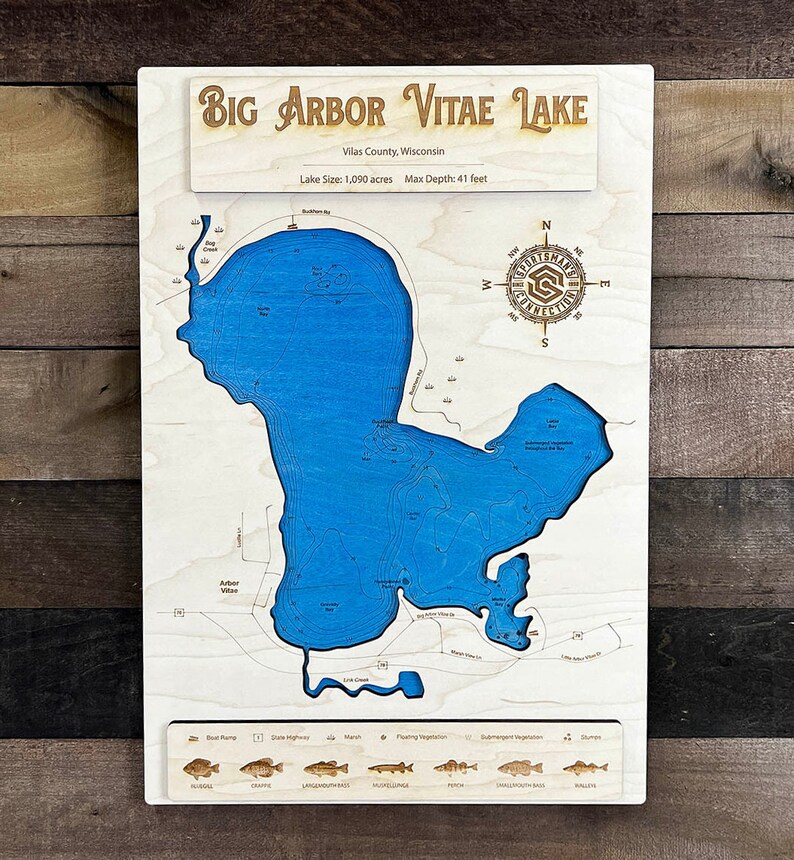 Big Arbor Vitae Lake vilas Co WI Wooden Engraved Map Etsy