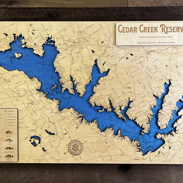 Cedar Creek Reservoir (Henderson/Kaufman Co, TX) - Wooden Engraved Map, Wall Art, Home Décor, Lake Home, Nautical, Topographic.