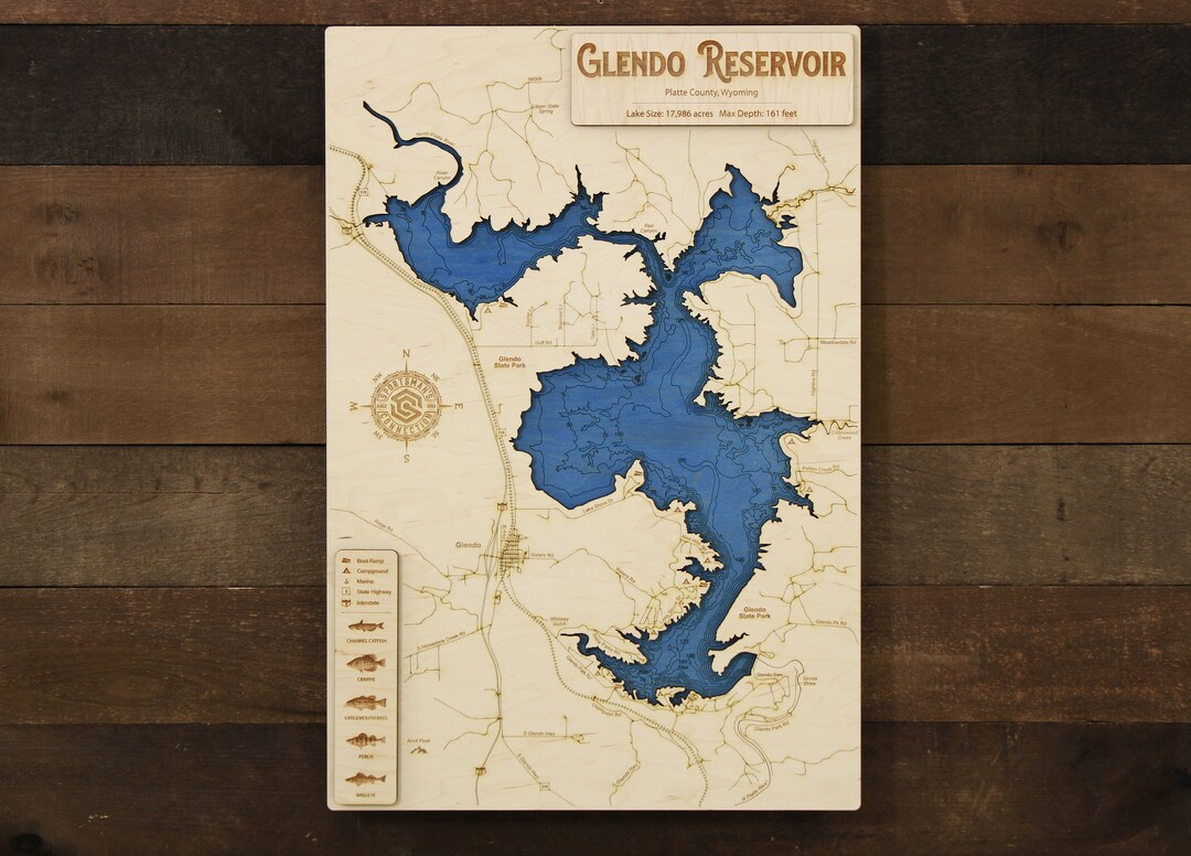 Glendo Reservoir platte Co, WY Wooden Engraved Map, Wall Art, Home