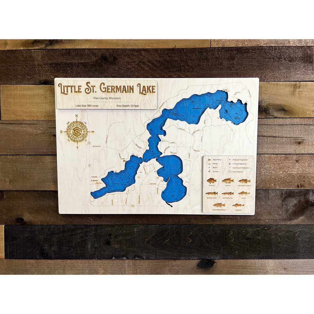 Little St. Germain Lake vilas Co, Wisconsin Wooden Engraved Map, Wall