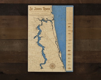 St. Johns River (St. Johns Co, FL) - Wooden Engraved Map, Wall Art, Home Décor, Lake Home, Nautical