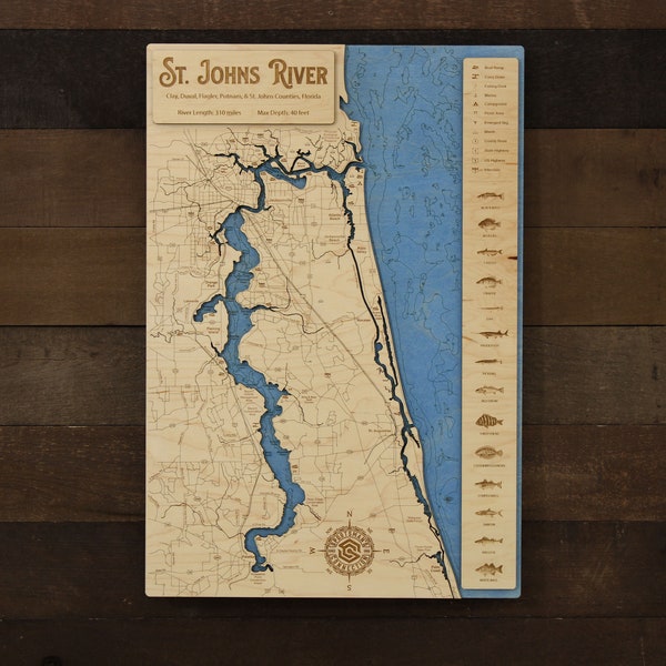 St. Johns River (St. Johns Co, FL) - Wooden Engraved Map, Wall Art, Home Décor, Lake Home, Nautical