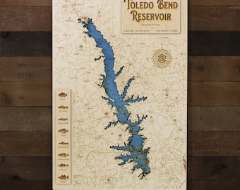 Toledo Bend Reservoir ( Shelby Co, TX) - Wooden Engraved Map, Wall Art, Home Décor, Lake Home, Nautical, Topography, Memorabilia