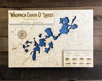 Waupaca Chain O' Lakes (Waupaca Co, WI) - Wooden Engraved Map, Wall Art, Home Décor, Lake Home, Nautical