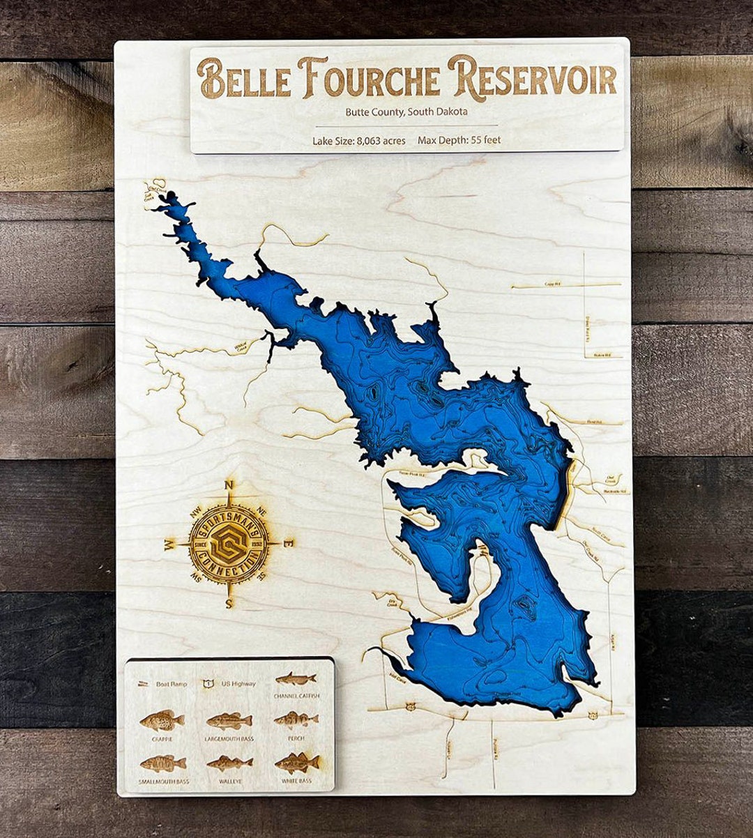 Belle Fourche Reservoir aka Orman Dam Lake butte Co, SD Wooden Engraved