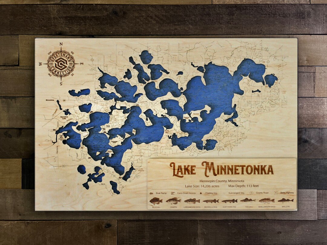 Lake hennepin Co, MN Wooden Engraved Map, Wall Art, Home