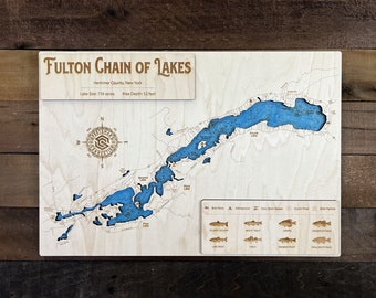 Fulton Chain of Lakes (Herkimer Co, NY) - Wooden Engraved Map, Wall Art, Home Décor, Lake Home, Nautical