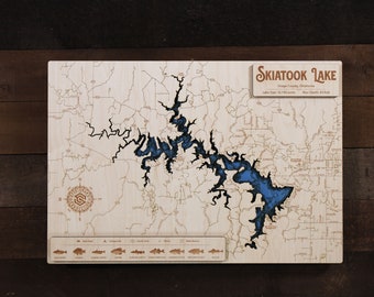 Skiatook Lake (Osage Co, OK) - Wooden Engraved Map, Wall Art, Home Décor, Lake Home, Nautical, Topography.