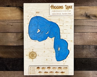 Higgins Lake (Roscommon & Crawford Co, Michigan) - Wooden Engraved Map, Wall Art, Home Décor, Lake Home, Nautical, Topography, Memorabilia