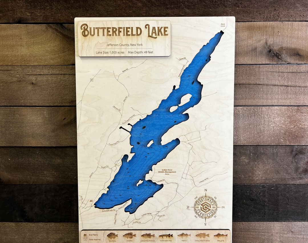Butterfield Lake jefferson Co, NY Wooden Engraved Map, Wall Art, Home