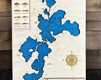 Spider Chain Lake (Sawyer Co, WI) - Wooden Engraved Map, Wall Art, Home Décor, Lake Home, Nautical, Topography, Memorabilia
