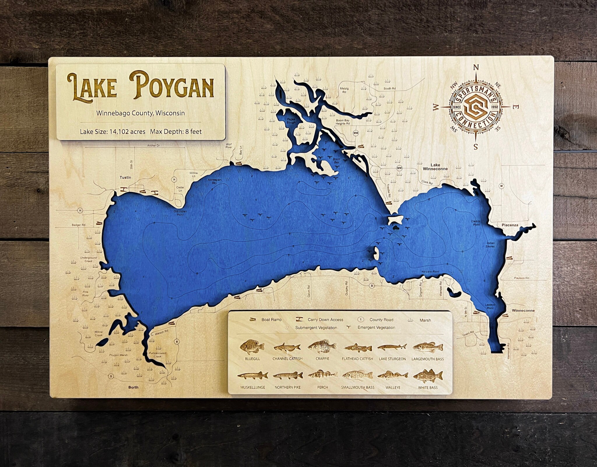 Poygan Lake winnebago Co, WI Wooden Engraved Map, Wall Art, Home Décor