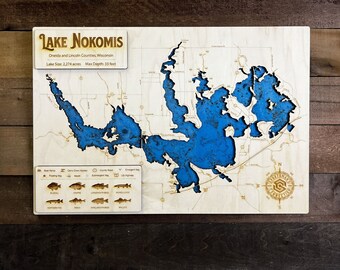 Nokomis Lake (Oneida Co, WI) - Wooden Engraved Map, Wall Art, Home Décor, Lake Home, Nautical