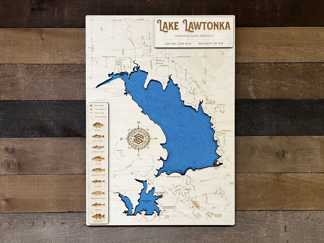 Lake Lawtonka comanche Co, OK Wooden Engraved Map, Wall Art, Home Décor