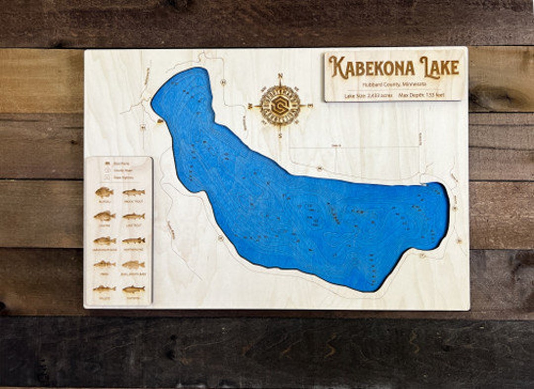 Kabekona Lake hubbard Co MN Wooden Engraved Map Wall Etsy