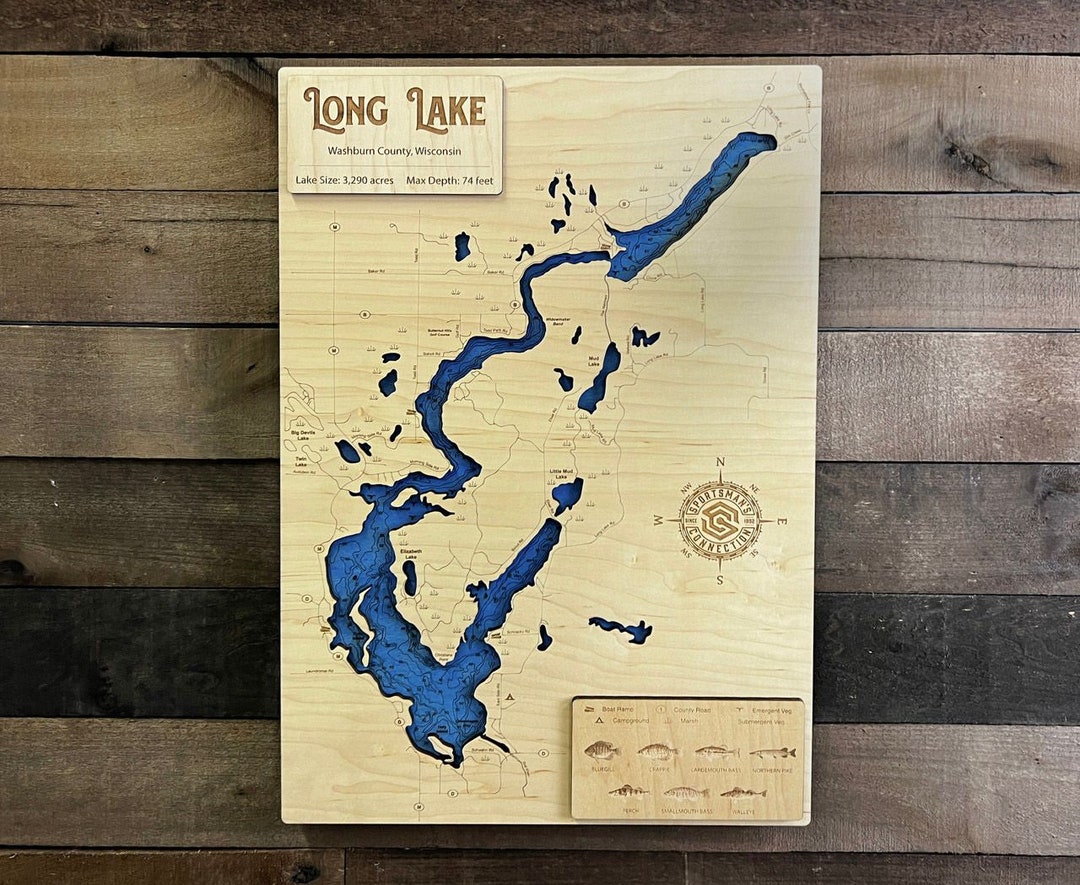 Long Lake washburn Co, WI Wooden Engraved Map, Wall Art, Home Décor