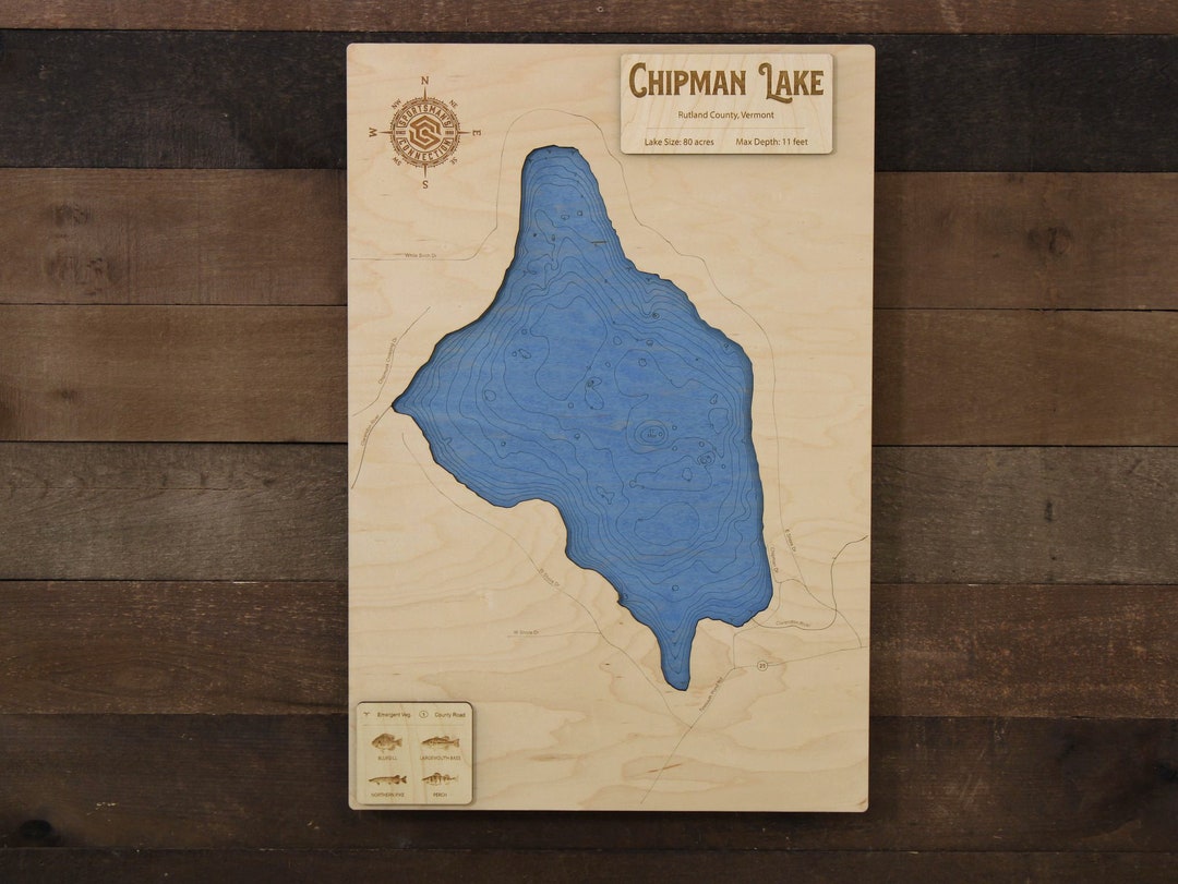 Chipman Lake rutland Co, VT Wooden Engraved Map, Wall Art, Home Décor