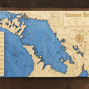 Georgian Bay Ontario, Canada Wooden Engraved Map, Wall Art, Home Décor, Lake Home, Nautical, Topography, Memorabilia image 1