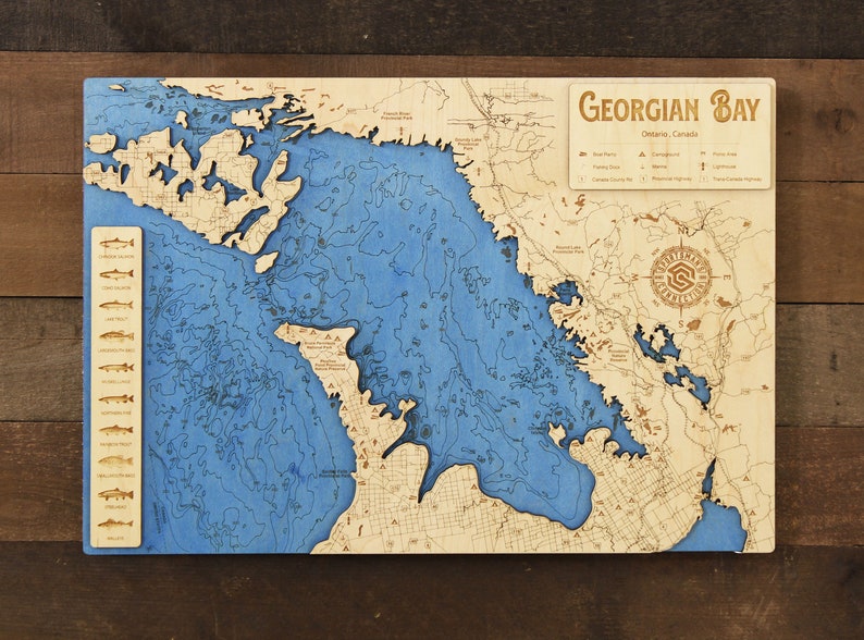 Georgian Bay Ontario, Canada Wooden Engraved Map, Wall Art, Home Décor, Lake Home, Nautical, Topography, Memorabilia image 1