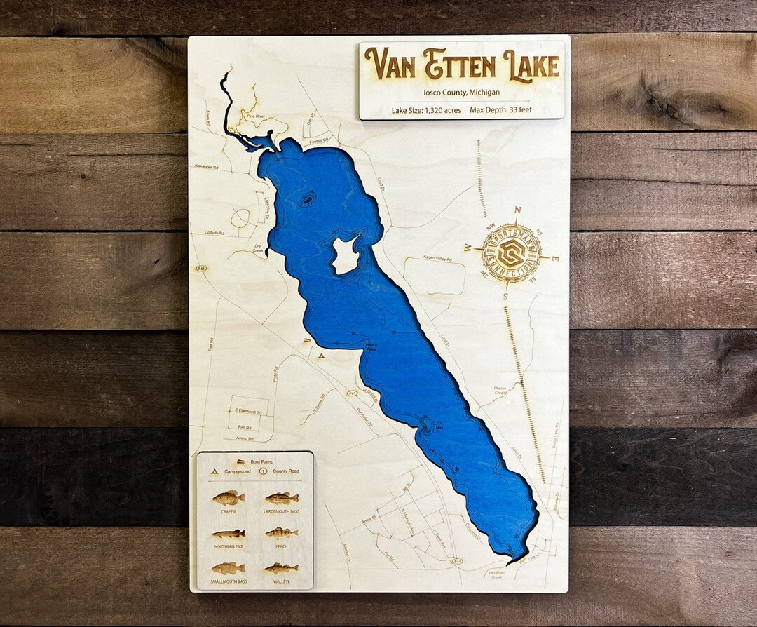 Van Etten Lake iosco Co, MI Wooden Engraved Map, Wall Art, Home Décor, Lake Home, Nautical