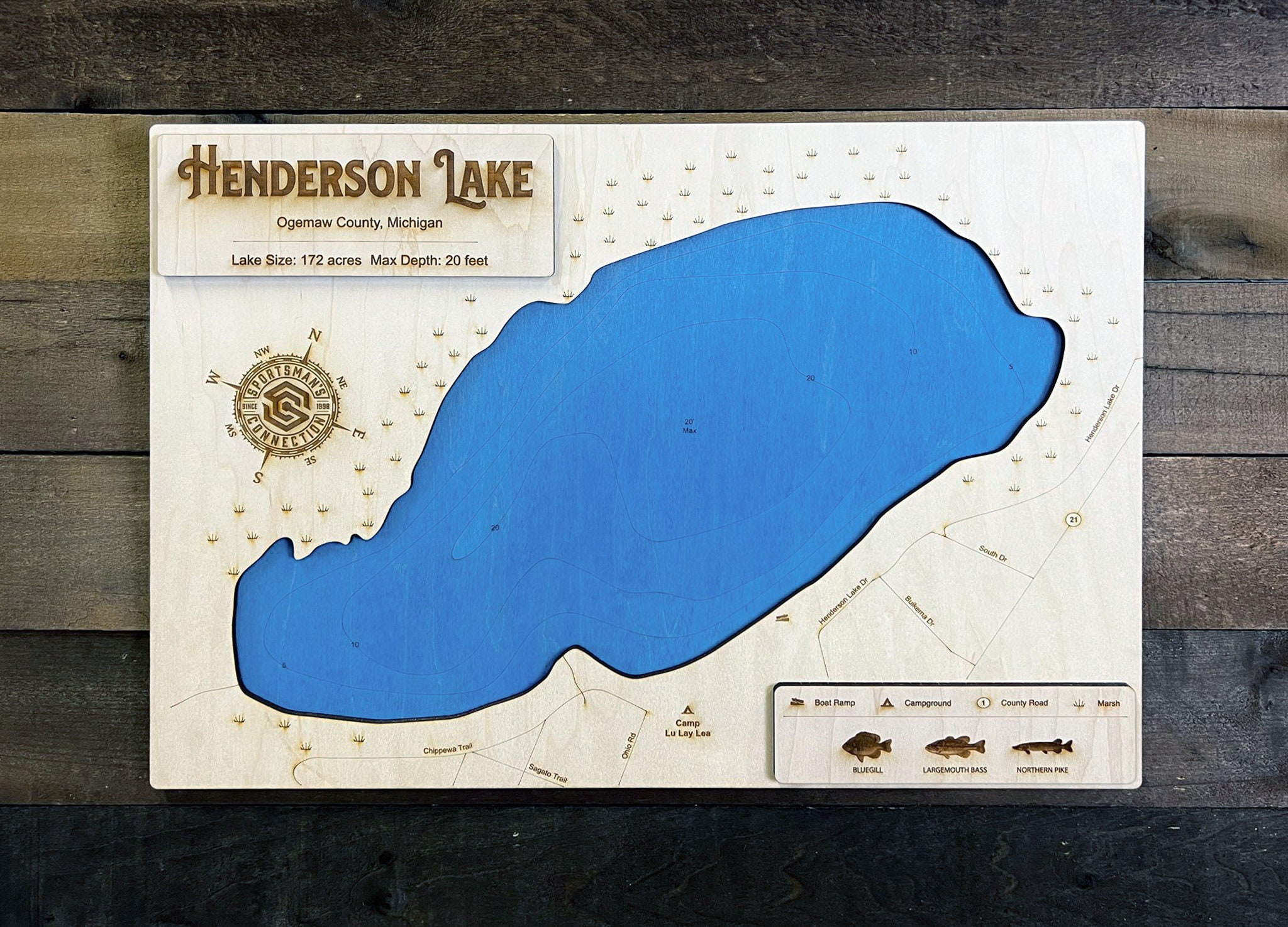 Henderson Lake ogemaw Co MI Wooden Engraved Map Wall Etsy
