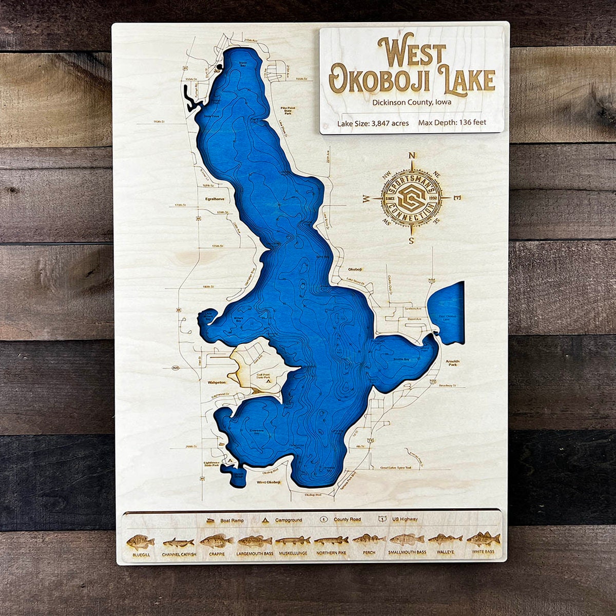 West Okoboji Lake dickinson Co, IA Wooden Engraved Map, Wall Art, Home