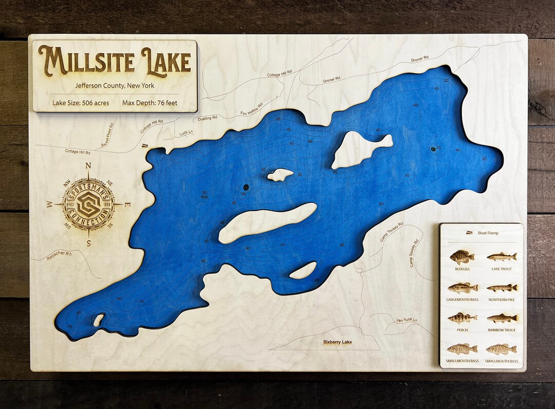 Millsite Lake jefferson Co, NY Wooden Engraved Map, Wall Art, Home