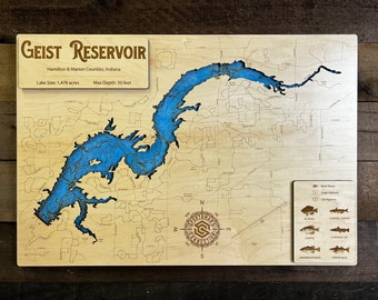 Geist Reservoir (Hamilton & Marion Co, Indiana ) - Wooden Engraved Map, Wall Art, Home Décor, Lake Home, Nautical, Topography, Memorabilia