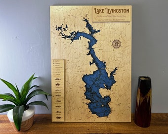 Livingston Lake (Multiple Co, TX) - Wooden Engraved Map, Wall Art, Home Décor, Lake Home, Nautical, Topography, Memorabilia