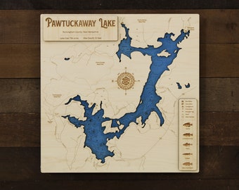 Pawtuckaway Lake (Rockingham Co, NH) - Wooden Engraved Map, Wall Art, Home Décor, Lake Home, Nautical, Topography.