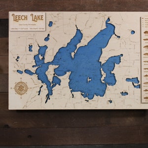 Leech Lake (Cass Co, MN) - Wooden Engraved Map, Wall Art, Home Décor, Lake Home, Nautical, Topography, Memorabilia