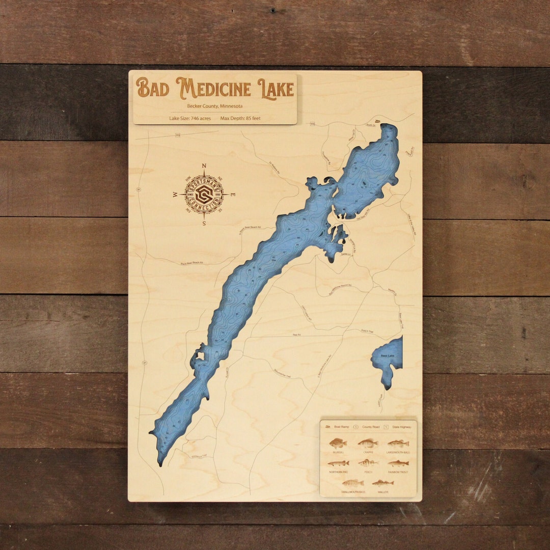 Bad Medicine Lake becker Co, Minnesota Wooden Engraved Map, Wall Art
