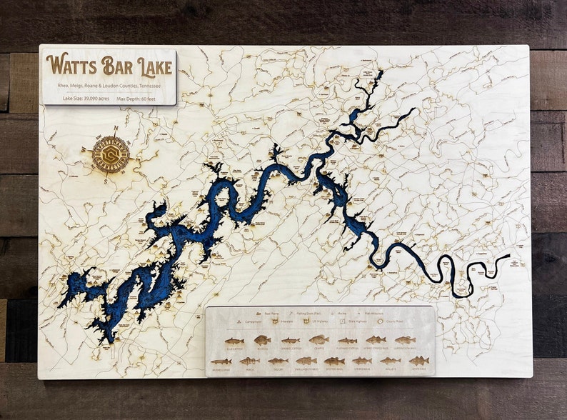 Watts Bar Lake rhea, Meigs, Roane & Loudo Co, TN Wooden Engraved Map, Wall Art, Home Décor, Lake