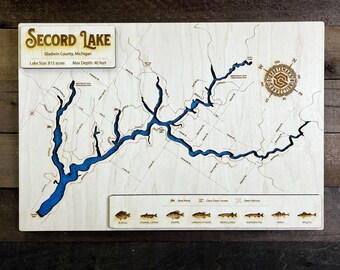 Secord Lake (Reservoir on Tittabawassee River) (Gladwin Co, MI) - Wooden Engraved Map, Wall Art, Home Décor, Lake Home, Nauticalt