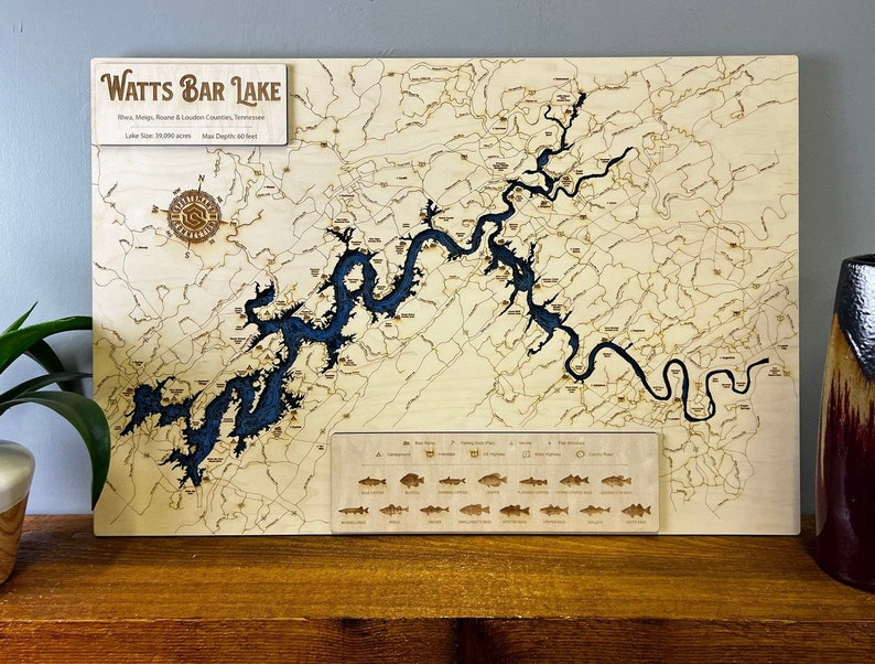 Watts Bar Lake rhea, Meigs, Roane & Loudo Co, TN Wooden Engraved Map, Wall Art, Home Décor, Lake