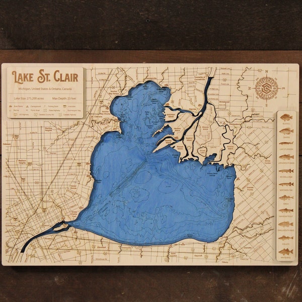 Lake St. Clair (Michigan and Ontario) - Wooden Engraved Map, Wall Art, Home Décor, Lake Home, Nautical