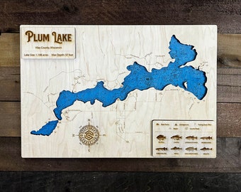 Plum Lake (Vilas Co, WI) - Wooden Engraved Map, Wall Art, Home Décor, Lake Home, Nautical